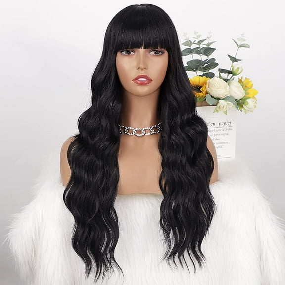 FGERFE-Black Wig with Bangs, Long Black Wavy Wigs for Women Synthetic Wigs Natural Black Curly Hair Wig for Girls Daily Party Use
