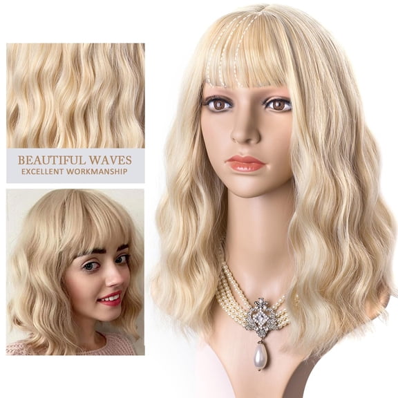 FGERFE-Blonde Wigs for Women Short Blonde Wig with Bangs Colorful Wavy Bob Wig 14" Medium Length Wigs for Women Synthetic Hair Wig Cosplay Party Wigs (Honey Blonde)