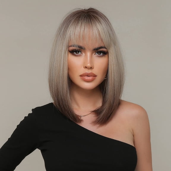 FGERFE-Brown Blonde Ombre Wig Women Brown Blonde Ombre Bob Wig Short Straight Brown Blonde Ombre Wig with Bangs Dark Roots Gray Synthetic