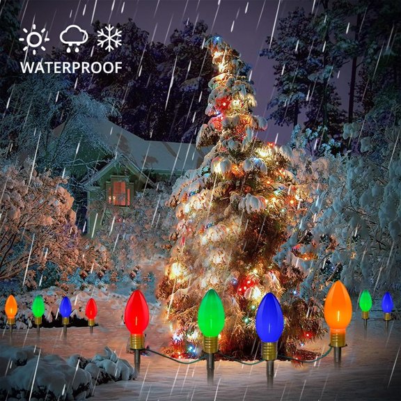 FGERFE-C9 LED Pathway Lights - 7Ft Multicolor Outdoor Christmas Decoration with 4 Marker Stakes - UL Listed - Green Wire