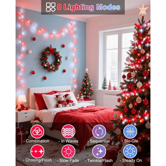 FGERFE-Christmas Lights Outdoor 40FT 120 LED, Green Wire Christmas Tree Lights Waterproof, 8 Modes & Timer, Connectable String Light for Indoor Bedroom Yard Patio Party Xmas Decorations, Red White