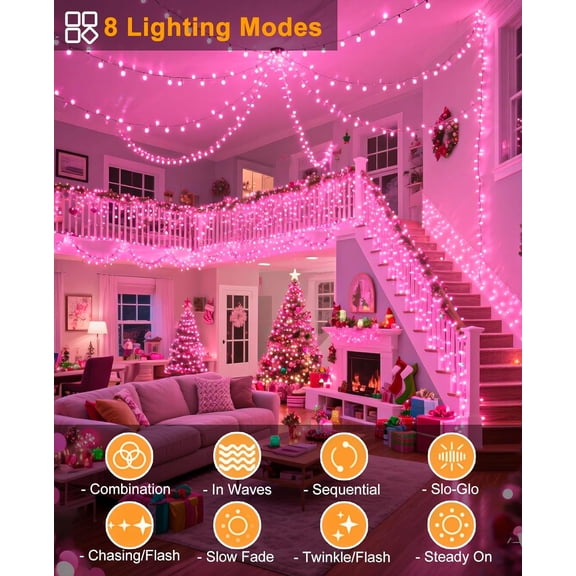 FGERFE-Christmas Lights Outdoor, 80FT 240 LED Christmas Tree Lights, Waterproof & 8 Modes & Timer, Connectable Green Wire String Light for Indoor Home Garden Xmas Party Holiday Decorations, Pink