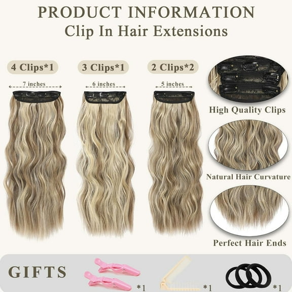 FGERFE-Clip in Curly Hair Extensions 4PCS Long Wavy Synthetic Thick Hairpieces with Fiber Double Weft for Women Hair Full Head20 inch, Brown Mixed Ash Blonde