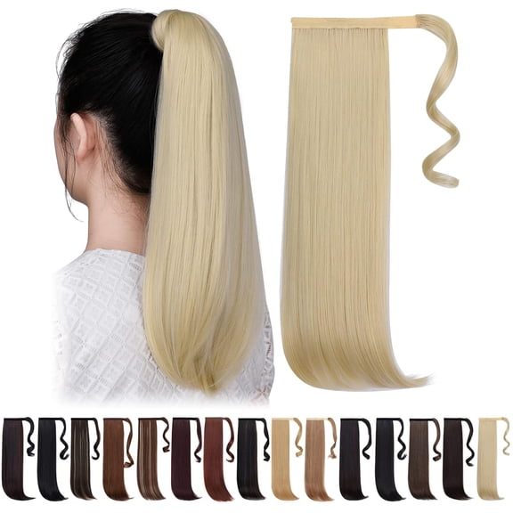 FGERFE-Clip Ponytail Black Ponytails Extensions Wavy 18" 4.2 Oz Wrap Around Synthetic Hair Extension Del Pelo Look Real Girl Hair Piece Wig Women Fluffy Soft&Not Tangled
