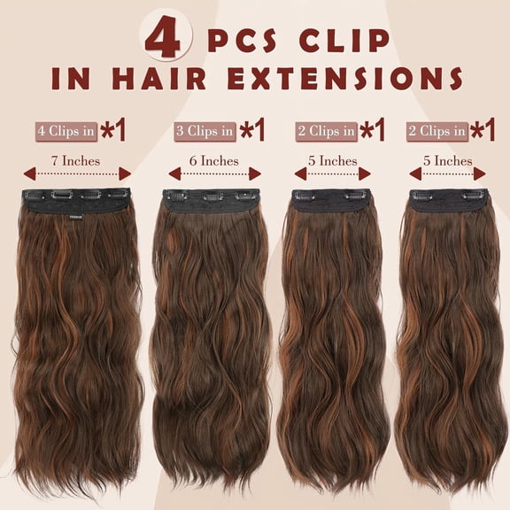 FGERFE-Clip in Hair Extensions for Women - 4 Pcs Thick Double Weft Long Wavy Soft Synthetic Blends Well Hair Extension, 20 inch Black Brown & Auburn