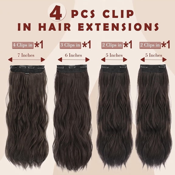 FGERFE-Clip in Hair Extensions for Women - 4 Pcs Thick Double Weft Long Wavy Soft Synthetic Blends Well Hair Extension, 20 inch Black Brown