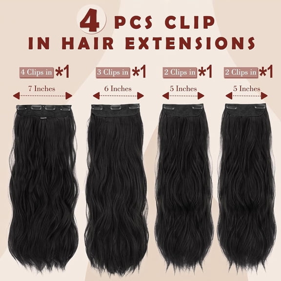 FGERFE-Clip in Hair Extensions for Women - 4 Pcs Thick Double Weft Long Wavy Soft Synthetic Blends Well Hair Extension, 20 inch Black