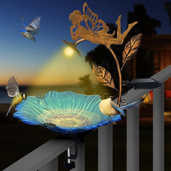 FGERFE-Deck Installation Bird Bath, Hummingbird Solar Bird Bath LED Lights, Adjustable Metal Weather Resistant Durable Deck Bird Bath Bracket, Outdoor Balustrade, Garden, (Angels Holding Lanterns)