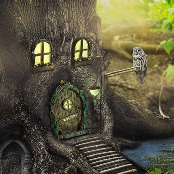 FGERFE-Fairy Gnome Home Glow in The Dark Window and Door with Lamp for Trees Decoration for Trees Garden Miniature Accessories for Tree Resin Fairy House Kit for Gnome Outdoor Yard Lawn Garden Decor