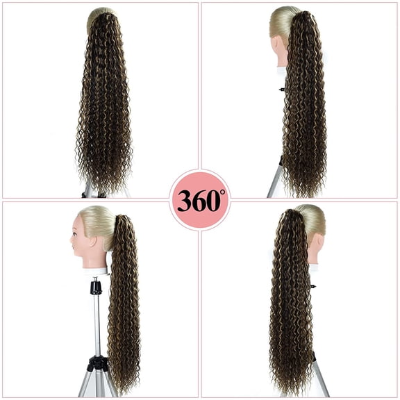 FGERFE-Fashion lcon 30 inch Long Drawstring Ponytail Extensions Highlights Clip in curly Ponytail Hair Extensions Dark Brown Mix Blonde Synthetic Long Drawstring ponytail for Women Blonde(#P4/27)