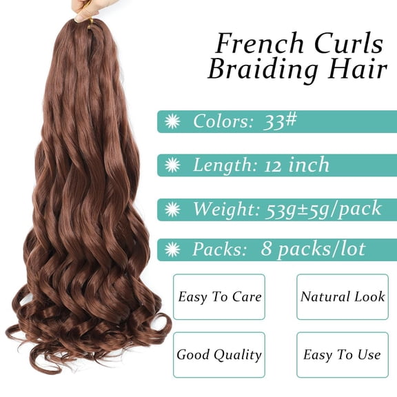 FGERFE-French Curl Braiding Hair, 12 Inch Curly Braiding Hair 8 Packs Bouncy French Curl Crochet Braids for Black Women Pre Stretched Loose Wavy Extensions (33#, 12Inch)