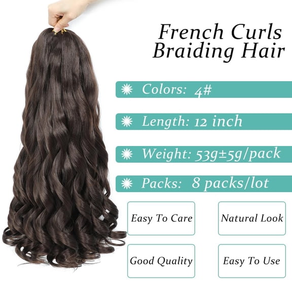 FGERFE-French Curl Braiding Hair, 12 Inch Curly Braiding Hair 8 Packs Bouncy French Curl Crochet Braids for Black Women Pre Stretched Loose Wavy Extensions (4#, 12Inch)