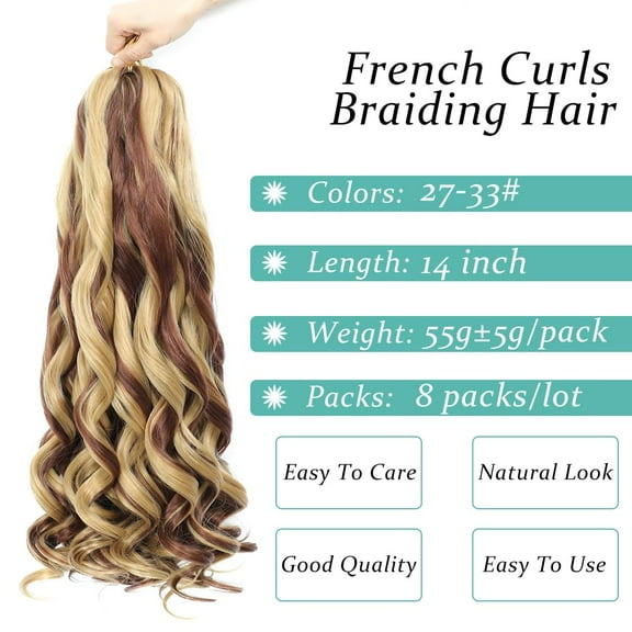 FGERFE-French Curl Braiding Hair, 14 Inch Curly Braiding Hair 8 Packs Bouncy French Curl Crochet Braids for Black Women Pre Stretched Loose Wavy Extensions (P27/33, 14Inch)