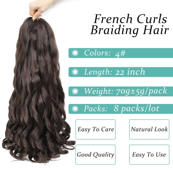 FGERFE-French Curl Braiding Hair, 22 Inch Curly Braiding Hair 8 Packs Bouncy French Curl Crochet Braids for Black Women Pre Stretched Loose Wavy Extensions (4#, 22Inch)
