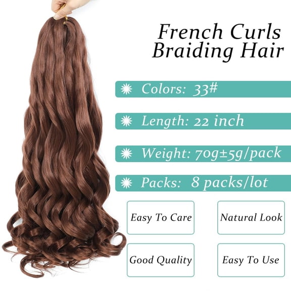 FGERFE-French Curl Braiding Hair, 22 Inch Curly Braiding Hair 8 Packs Bouncy French Curl Crochet Braids for Black Women Pre Stretched Loose Wavy Extensions (33#, 22Inch)