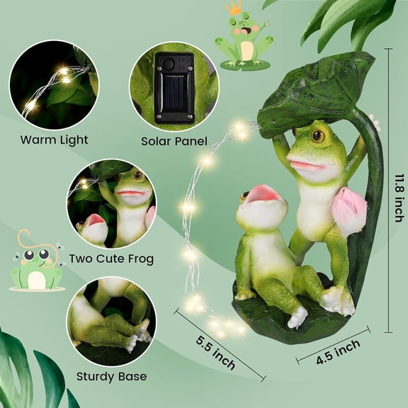 FGERFE-Frogs Garden Outdoor Decor Statue, Large Resin Solar Frog Figurines with LED Lights Pond Lotus Leaf Statue Waterproof Ornament for Patio Yard Lawn Decor, Gifts for Women/Mom/Gardener (Frog Bro