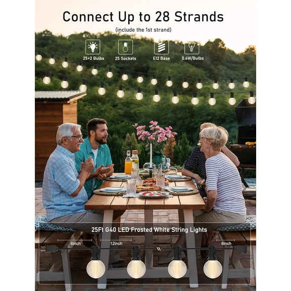 FGERFE-G40 25FT LED Outdoor String Lights,Frosted Patio Lights with 27 (2 Spare) Plastic Shatterproof Globe Bulbs,Connectable Outside Hanging Light for Porch,Garden, Backyard,Wedding Decor