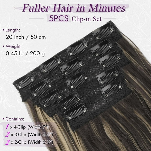 FGERFE-Highlight Hair Extensions Clip ins - 20 Inch Soft Wavy Layered Clip in Hair Extensions for Women - 5 PCS Voluminous Lace Weft Synthetic Dark Brown with Blonde Highlights Hairpieces