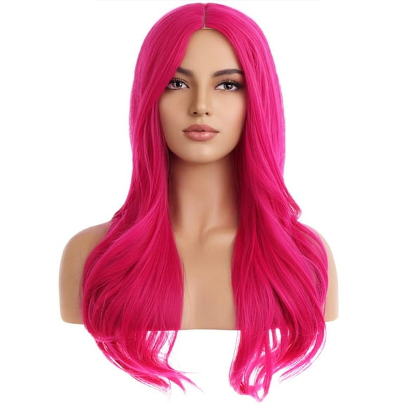 FGERFE-Hot Pink Wig for Women Girls Milddle Part Wavy Curly Wig Long Neon Pink Wigs Magenta Wigs Heat Resistant Synthetic Cosplay Hair (Hot Pink)