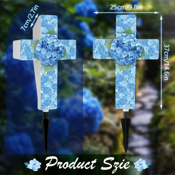 FGERFE-Hydrangea Solar Stake Light for Outdoor Memorial Hydrangea Garden Cross Stake Light for Grave Cemetery Blue Flower Solar Cross Garden Decor for Home Patio Yard Pathway Lawn Decoration