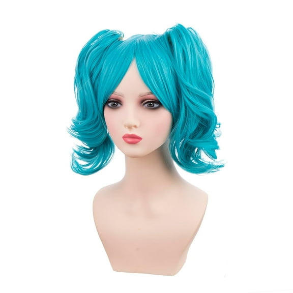 FGERFE-Kids Teal Blue Two Ponytail Wig Short Light Blue Straight Wig with Bangs for Girls Heat Resistant Synthetic Wigs with Cap