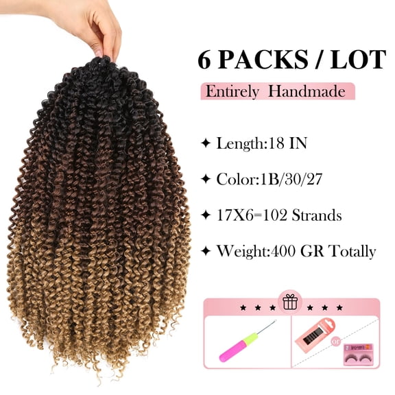FGERFE-Kinky Curly Braiding Hair Marlybob Crochet Hair Ombre Blonde Jerry Curly Passion Twist Hair Three-tone Curly Braids Weave for Women Synthetic Kinky Twisted Hair Extensions (6 Packs, 1B/30/27)