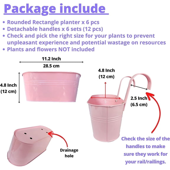 FGERFE-LaLaGreen Outdoor Hanging Planter (11.2 Inch, 6 Pack) Light Pink, Light Purple, Turquoise, Neon Pink, Yellow, Orange Metal Iron Window Box Flower Pot Deck Railings Fence Buckets Porch Garden D