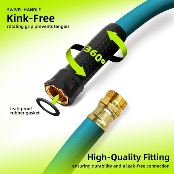 FGERFE-Leader Garden Hose 3/4 in. x 25 ft. -Heavy Duty,Durable,Lightweight,Male to Female Fittings -No Kink Leakproof PVC Flexible Water Pipe -Brass Aluminum Ends for Household & Commercial Use -Gree