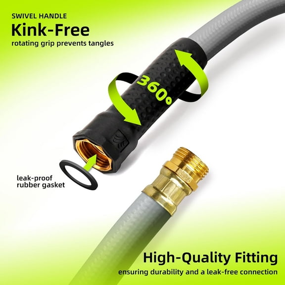 FGERFE-Leader Garden Hose 3/4 in. x 25 ft. -Heavy Duty,Durable,Lightweight,Male to Female Fittings -No Kink Leakproof PVC Flexible Water Pipe -Brass Aluminum Ends for Household & Commercial -Gray