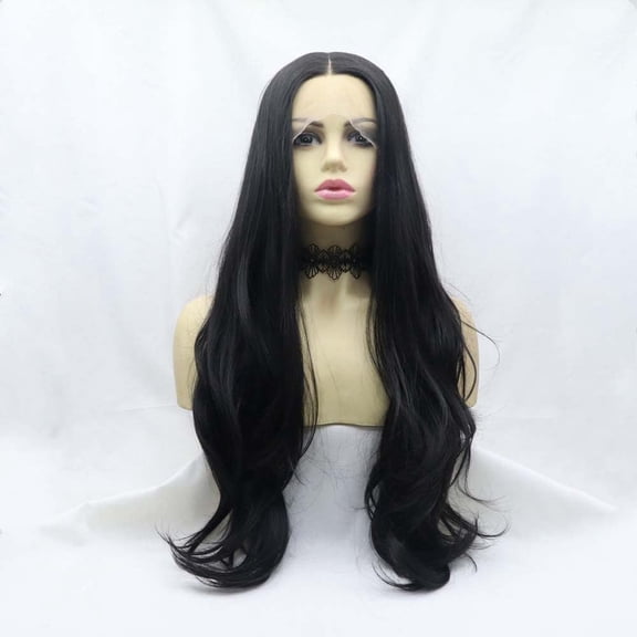FGERFE-Long Black Cheap Wigs T Part Lace Wigs Synthetic Black Lace Front Wigs Long Body Wave Hair Heat Resistant Fiber Hair Wigs Middle Part Hair For women 24inch