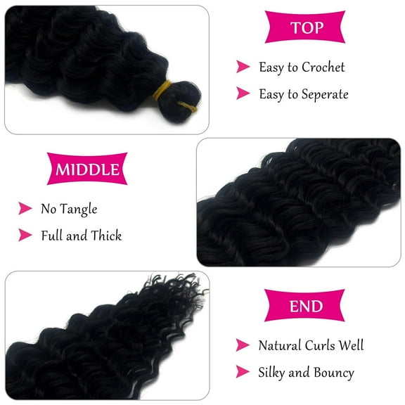 FGERFE-Long Curly Deep Ocean Wave Crochet Hair 1B Black Wavy Braiding Hair Extensions for Black Women 30 Inch 2 Packs Black Boho Hair for Braiding Soft Boho Curls for Bohemian Braids