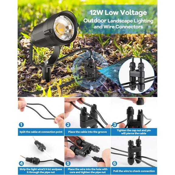 FGERFE-Low Voltage Landscape Lighting 1 Pack with Connectors 12W Spotlights Landscape Lights 12-24V AC/DC IP65 Waterproof 2700K for House Yard Trees Garden Outdoor