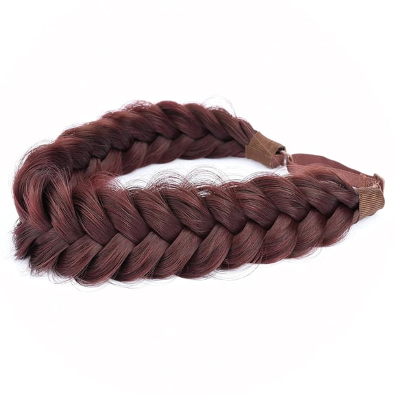 FGERFE-Messy Wide 2 Strands Synthetic Hair Braided Headband Classic Chunky Hair Braid Elastic Stretch Braid Headbands (Dark Burgundy Brown)
