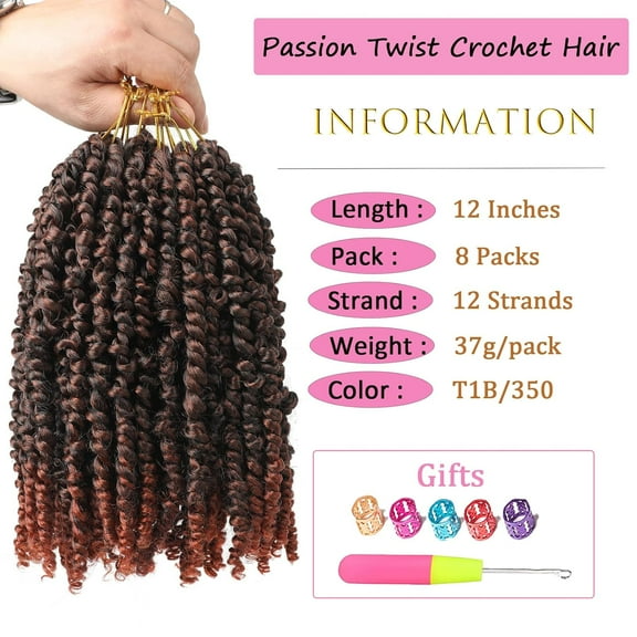 FGERFE-Ombre Copper Red Passion Twist Crochet Hair 8 Packs 12 Inch Pre-twisted Passion Twist Hair Bohemian Short Pre Looped Crochet Hair for Kids and Girls (12 Inch,T1B/350, 8 Packs)