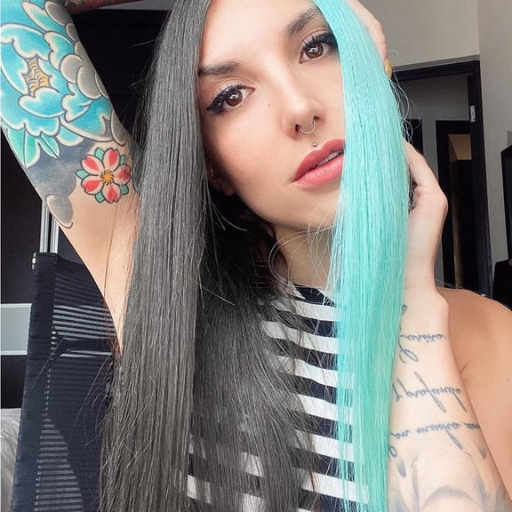 FGERFE-Ombre Half Grey and Green Lace Front Wig Long Straight 2 Tone Color Dark Roots Synthetic Wig Heat Resistant Fiber Cosplay Makeup Daily Wigs for Women 24 Inch