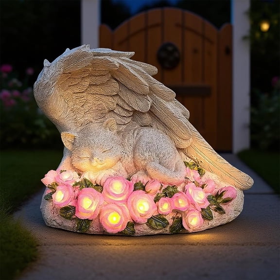 FGERFE-Outdoor Cat Memorial Stone,Solar Angel Cat Statue Figurine,Pet Headstone,Cats Memorial Stone,Outdoor Statue,Memorial Gifts for Loss of CatsAnimal Sculpture for Garden Ornament,Patio Decor