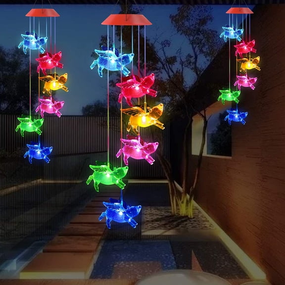 FGERFE-Outdoor Solar Flying Pig Wind Chimes Lights for Home/Garden/Rooms/Patio/Indoor/Outside Decor, Memorial Wind Catcher,Color Changing Waterproof Blessing Wind Bells Gifts for Mom, Women,Grandma,F
