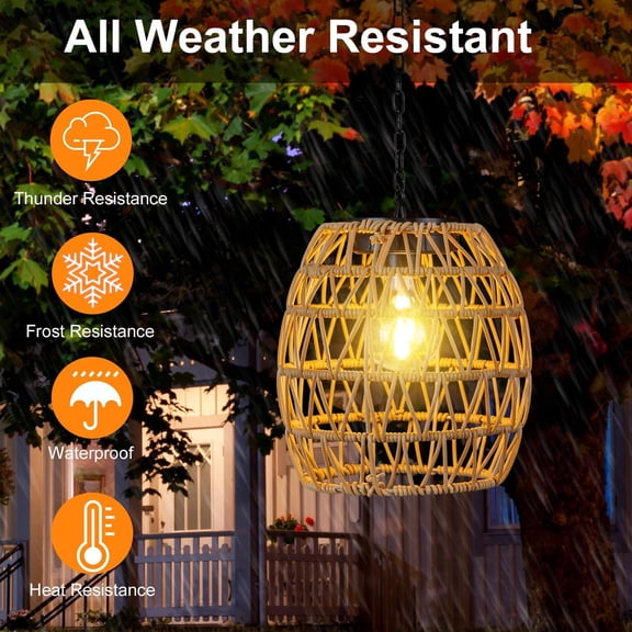FGERFE-Outdoor Solar Hanging Lantern, Natural Rattan Bamboo Woven Porch Patio Gazebo Pendent Chandelier Light Decorative Solar Powered Hanging Lamp for Front Door Garden