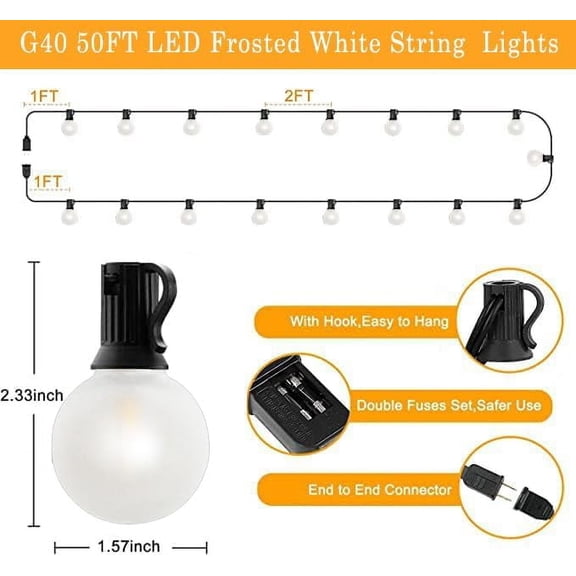 FGERFE-Outdoor String Lights 50Ft G4O Globe LED Patio Lights with 27 Shatterproof Frosted White Bulbs, Connectable Commercial Decorations Lights for Outdoor Porch Backyar Garden Wedding Lghting