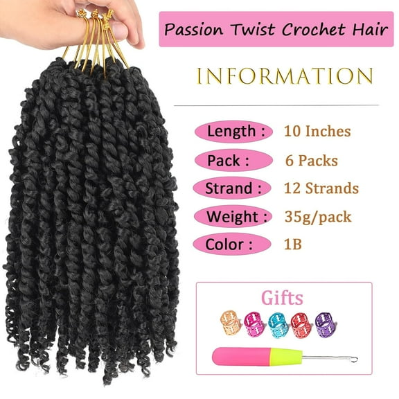 FGERFE-Passion Twist Crochet Hair 10 Inch 6 Packs Pre-Twisted, Pre-Looped, Wavy, Curly, Short Bohemian Crochet Braids Hair for Black Women, Kids & Girls (10 Inch,1B)