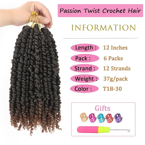 FGERFE-Passion Twist Crochet Hair 6 Packs 12 Inch Pre-twisted Passion Twist Hair Pre Looped Crochet Hair Bohemian Short Ombre Brown Crochet Passion Twist Hair for Black Women Kids and Girls (12 Inch,