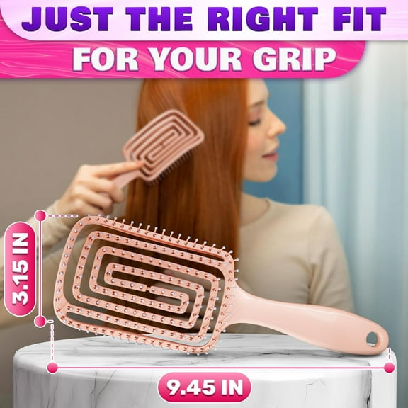 FGERFE-Pink Hair Detangler Brush - Curved Vented Brush for Thick Hair, Lightweight and Ergonomic, Convenient Size, Suitable for All Curl Types (Includes Wigs), Good for Men, Women, and Teens