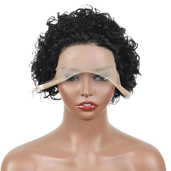 FGERFE-Pixie Cut Wig Pre Plucked Hairline Short Curly Human Hair Wig Glueless Transparent HD Lace Front Wigs for Black Women Brazilian Jerry Curly Virgin Hair 200% Density Natural Color 6 Inch