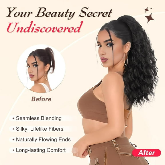 FGERFE-Ponytail Extension, 18" Drawstring Ponytail Curly Wavy Fake Pony Tails Hair Extensions Clip on Ponytails Synthetic Natural Fluffy Thick Hairpiece Pony Tail Extensions for Women - Burgundy Red