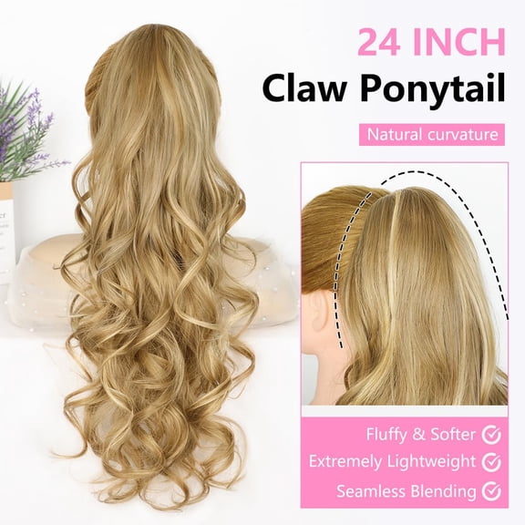FGERFE-Ponytail Extension,24 Inch Claw Clip in Long Curly Wavy Dark Ash Blonde with Golden Ends Ponytail Hair Extension Jaw Clip on Pony Tails Hairpiece for Women