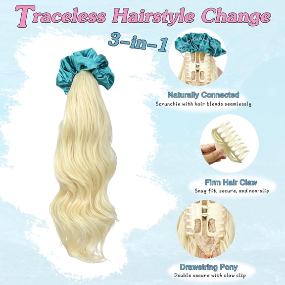 FGERFE-Ponytail Extension with Scrunchies Ponytail Wig Claw Clip in Fake Ponytail Hair Extensions Synthetic High/Low Pony Tail Hair Piece for Women (Green Scrunchie Cool Blonde Wavy)