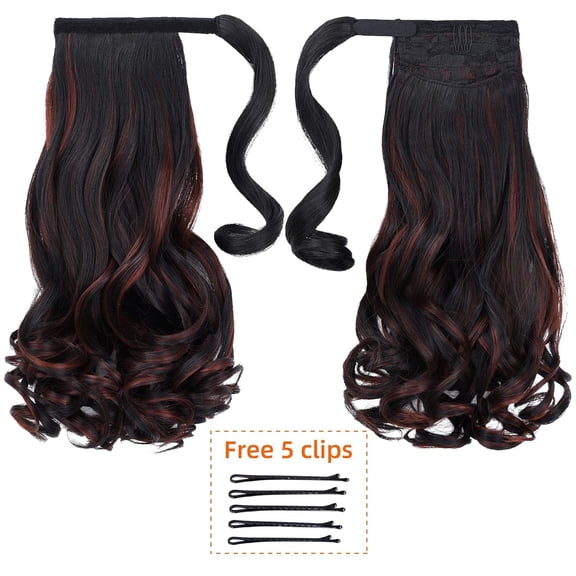 FGERFE-Ponytail Extension Wavy Black Clip Ponytails 16" 4.2 Oz Wrap Around Synthetic Women Hair Extensions Del Pelo Look Real Girl Hair Piece Wig Fluffy Soft&Not Tangled