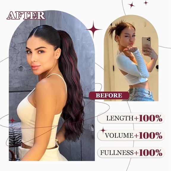FGERFE-Ponytail Extensions Long Wavy Drawstring Ponytail Pony Tails Hair Extension for Women Black mixed Burgundy Clip in Ponytail Extension
