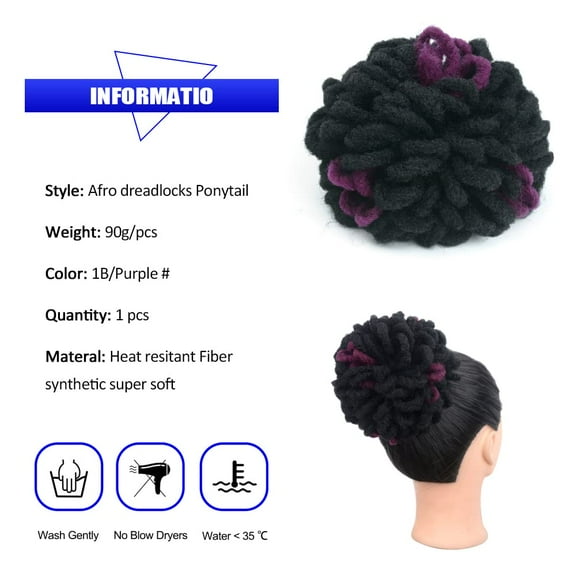 FGERFE-Purple Locs Ponytail Drawstring Loc Petal Bun Curly Dreadlock Breaded Faux Locs Ponytails Synthetic Clip in on Hairpieces for Black Women(1B/Purple#)
