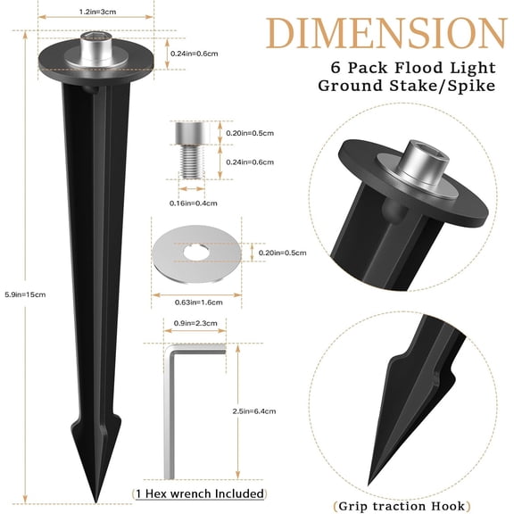FGERFE-Replacement Stakes for Outdoor Solar Lights, Aluminum 6 Inch Threaded Metal Ground Spikes, with Hexagon Screw and Wrench Tool, Compatible for Garden Lamps, Flood Lighting, LED Spotlight(Black,